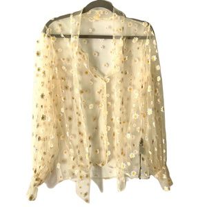 NWT Sheer Yellow Daisy Shirt with Ties by UNIQUE VINTAGE - Size Large